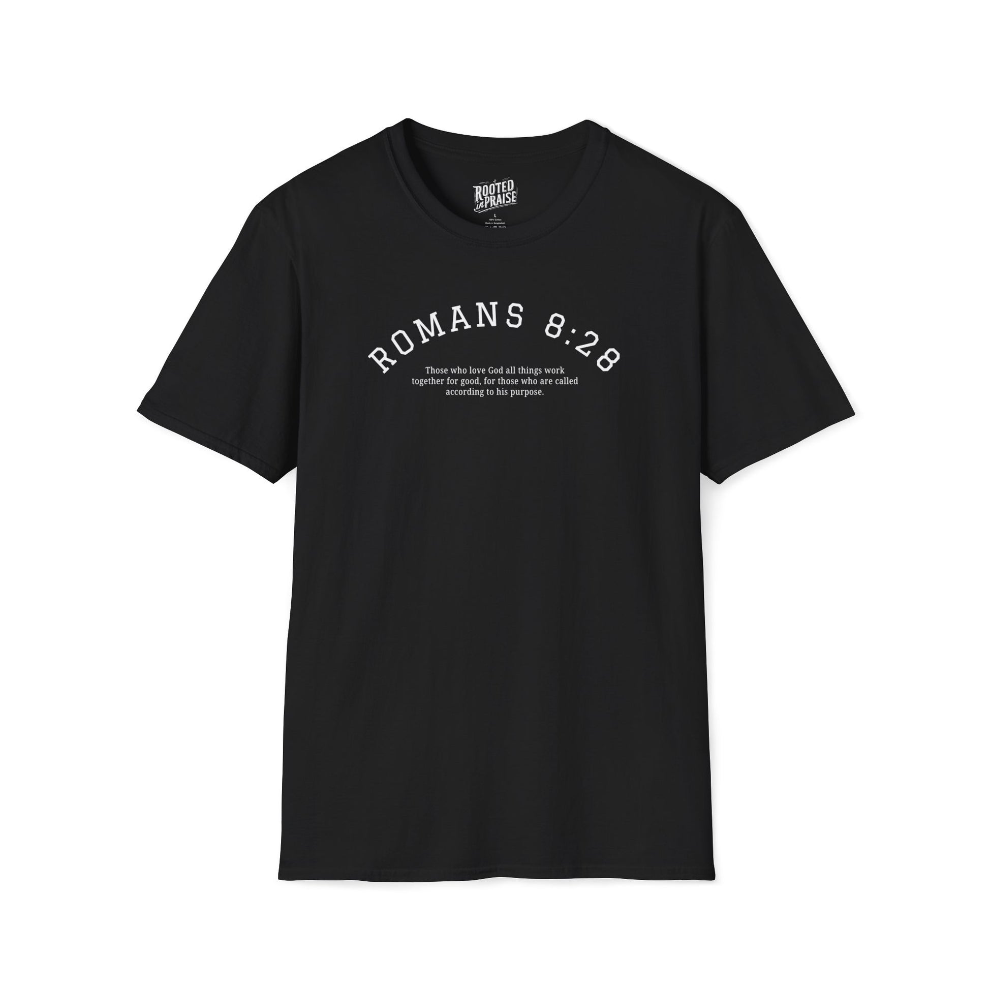 Black t-shirt with 'ROMANS 8:28' text on a white background