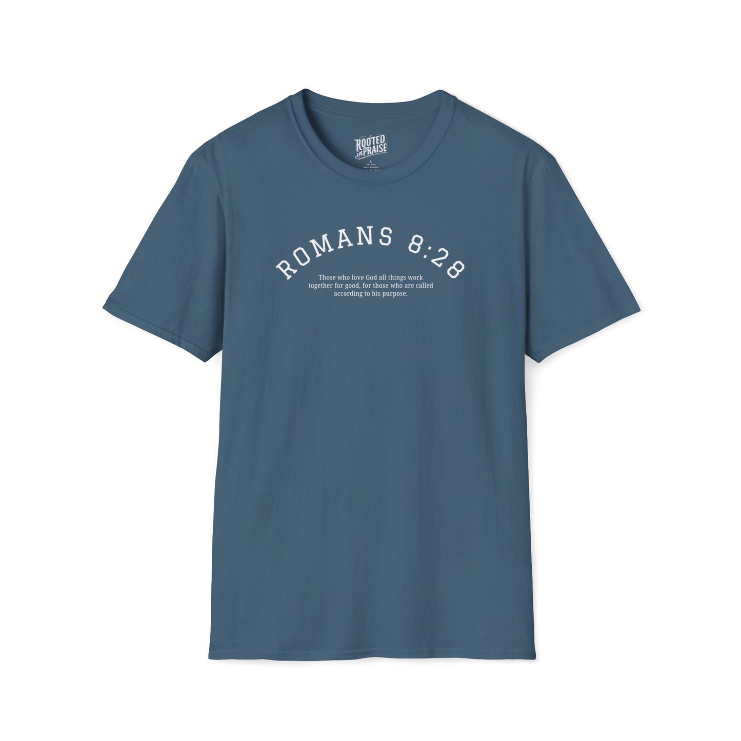 Blue t-shirt with 'ROMANS 8:28' text on a white background
