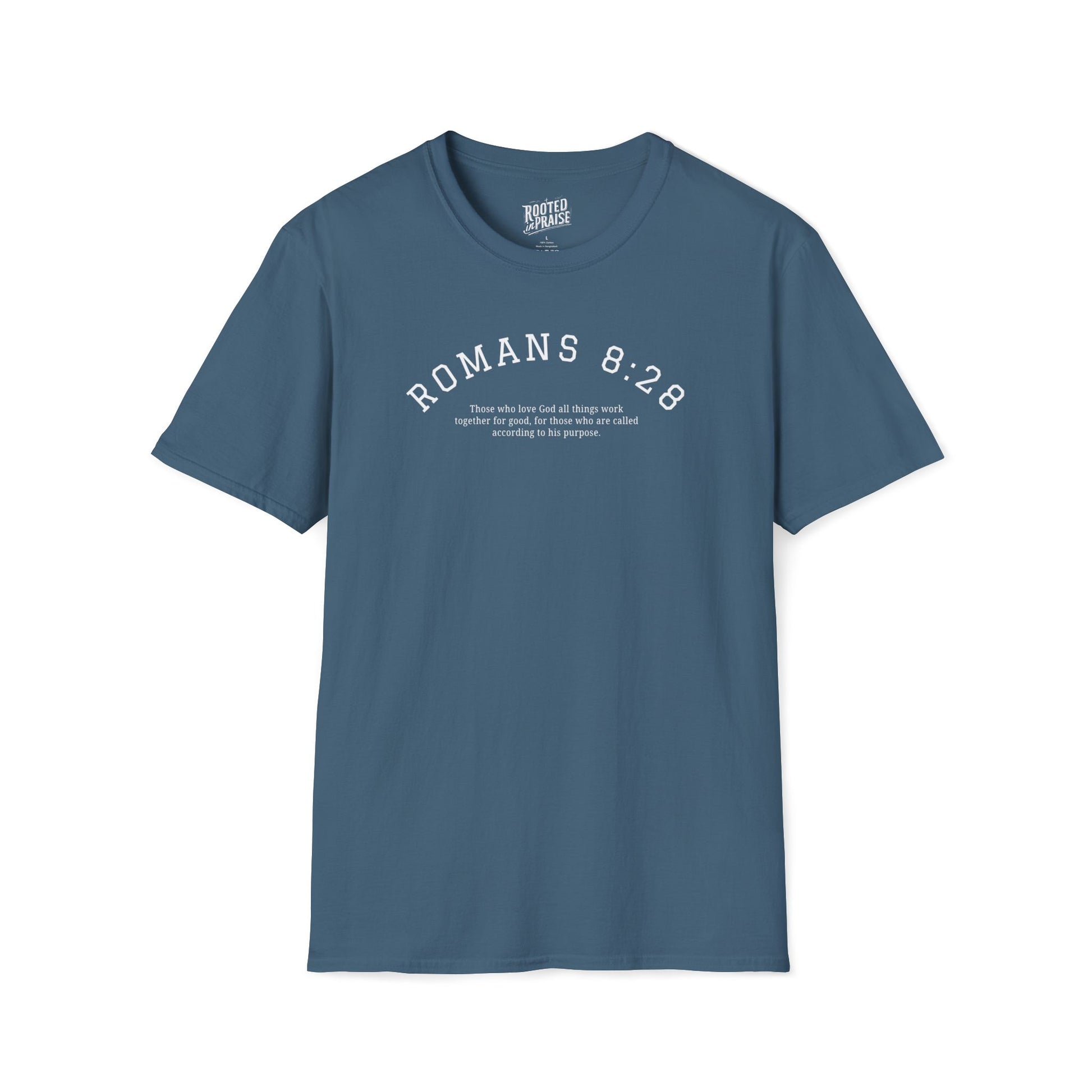 Blue t-shirt with 'ROMANS 8:28' text on a white background
