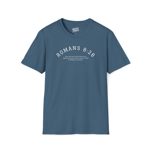 Blue t-shirt with 'ROMANS 8:28' text on a white background