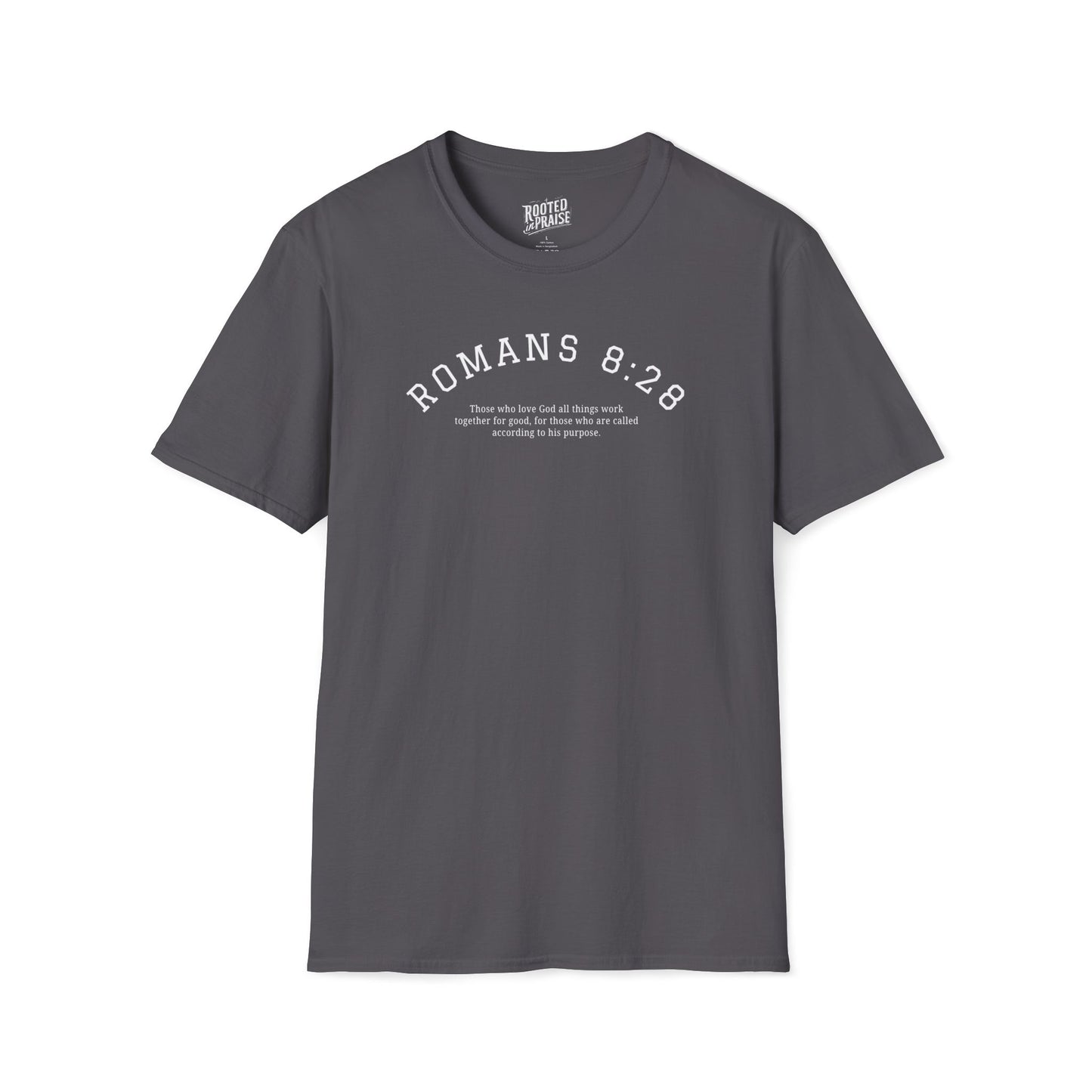 Gray t-shirt with 'ROMANS 8:28' text on a white background