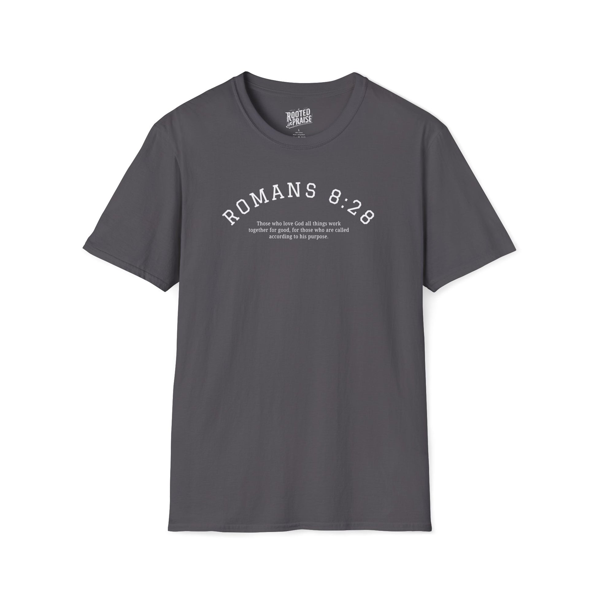 Gray t-shirt with 'ROMANS 8:28' text on a white background