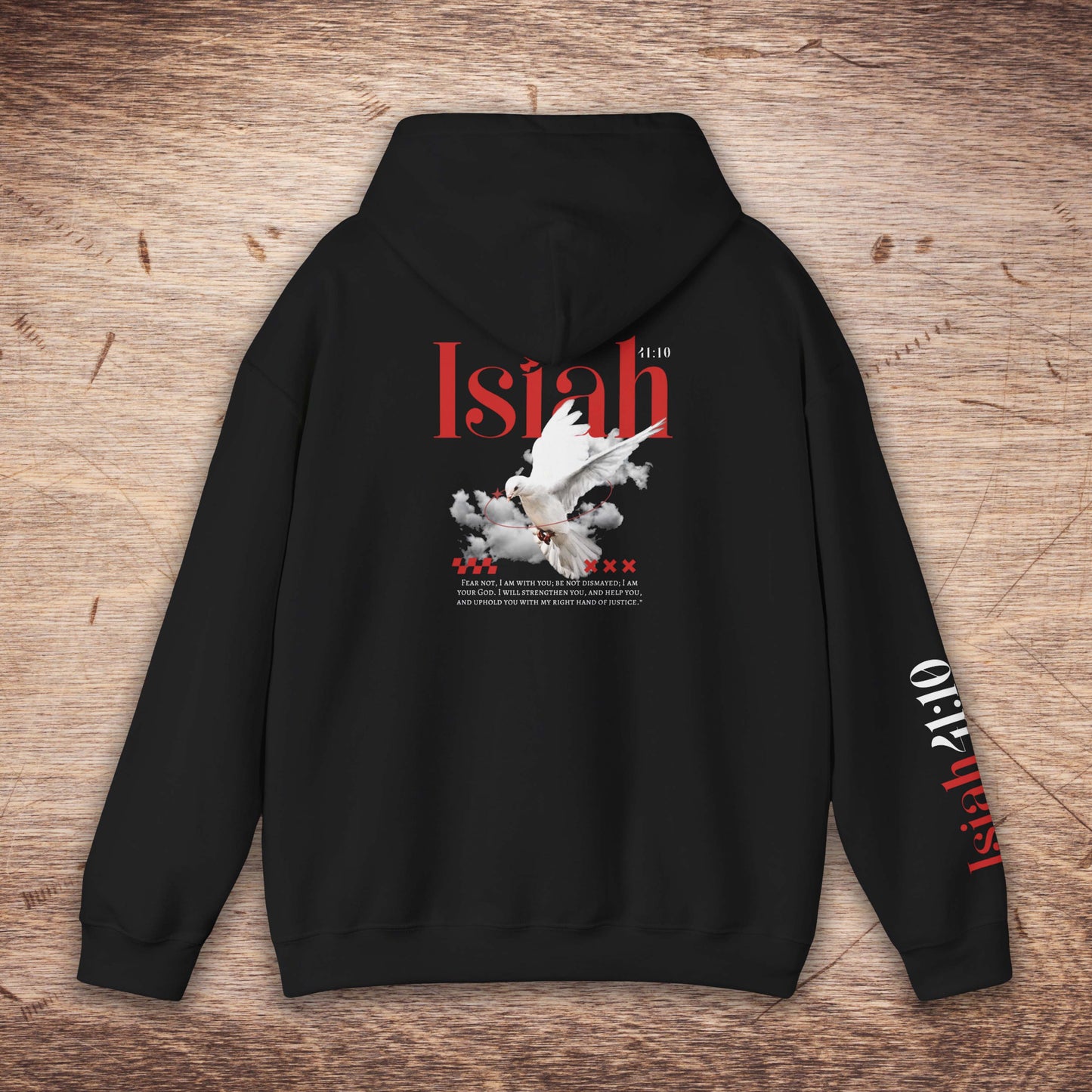 Black hoodie with 'Isiah' design on the back and sleeve, on a wooden surface.
