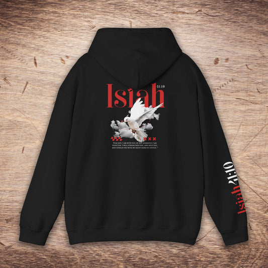 Black hoodie with 'Isiah' design on the back and sleeve, on a wooden surface.