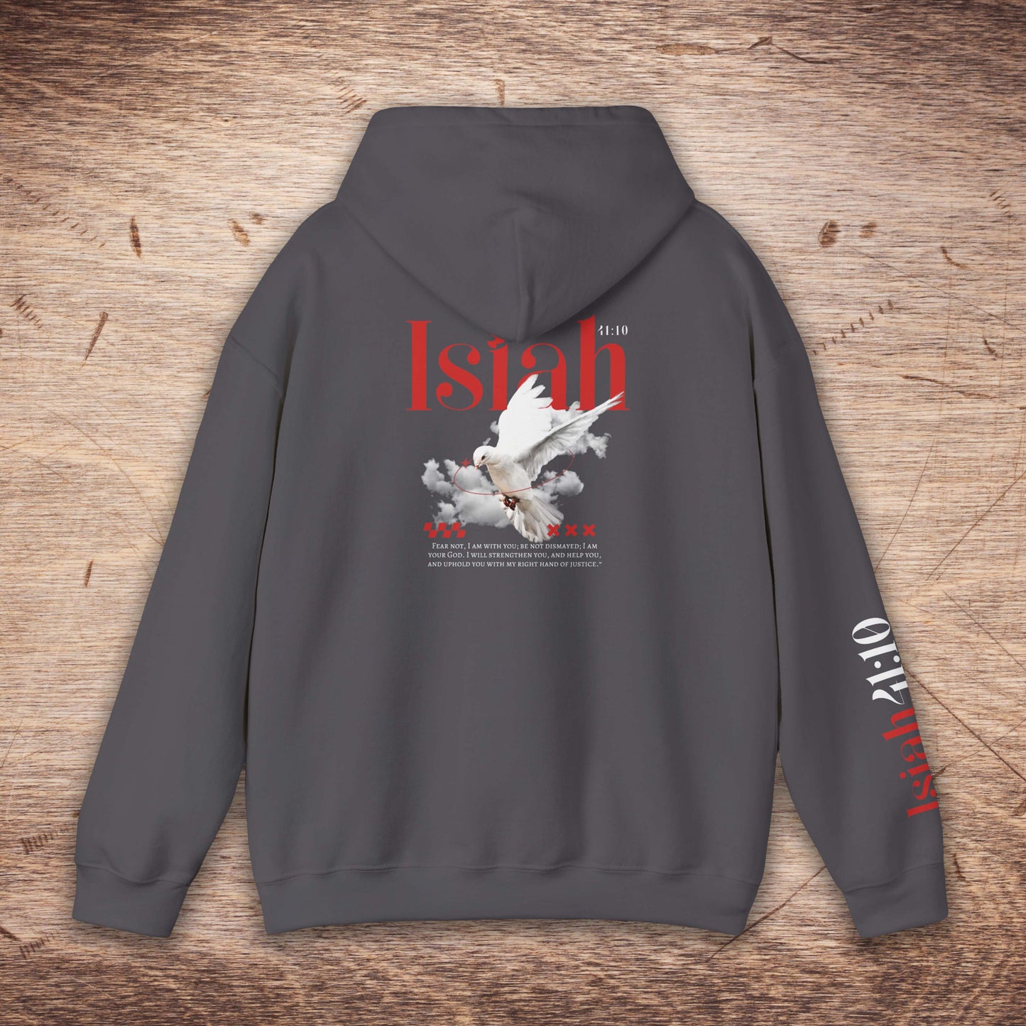 Gray hoodie with red and white graphic design on a wooden surface