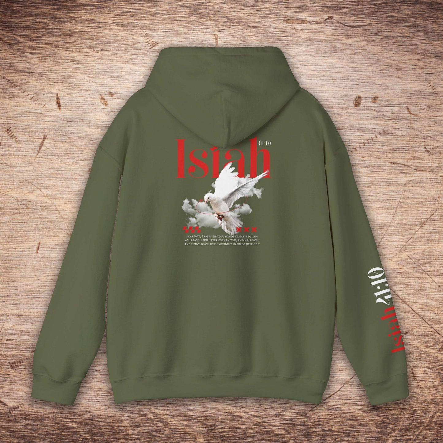 Green hoodie with 'Istah' branding on a wooden surface