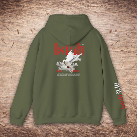 Green hoodie with 'Istah' branding on a wooden surface