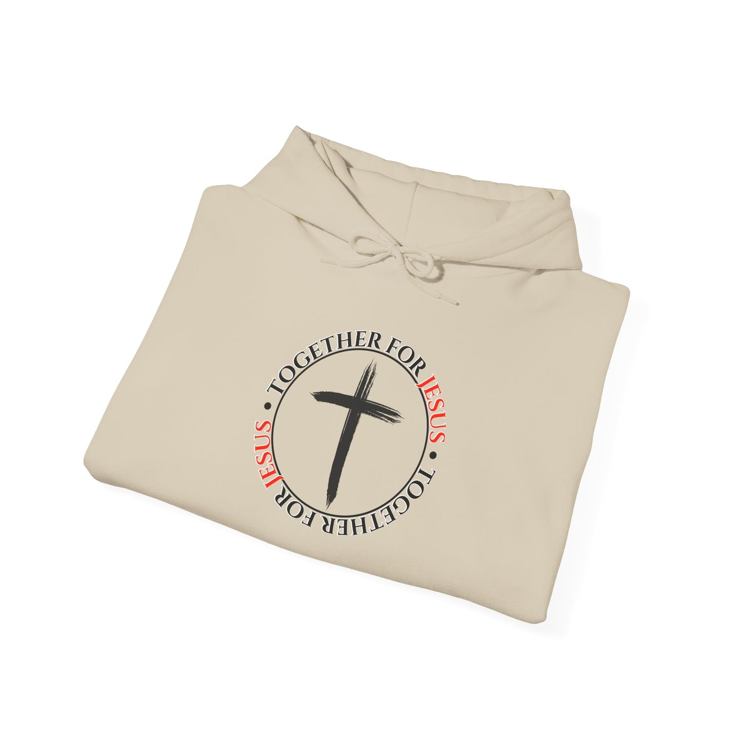 Beige hoodie with a cross and text design on a white background