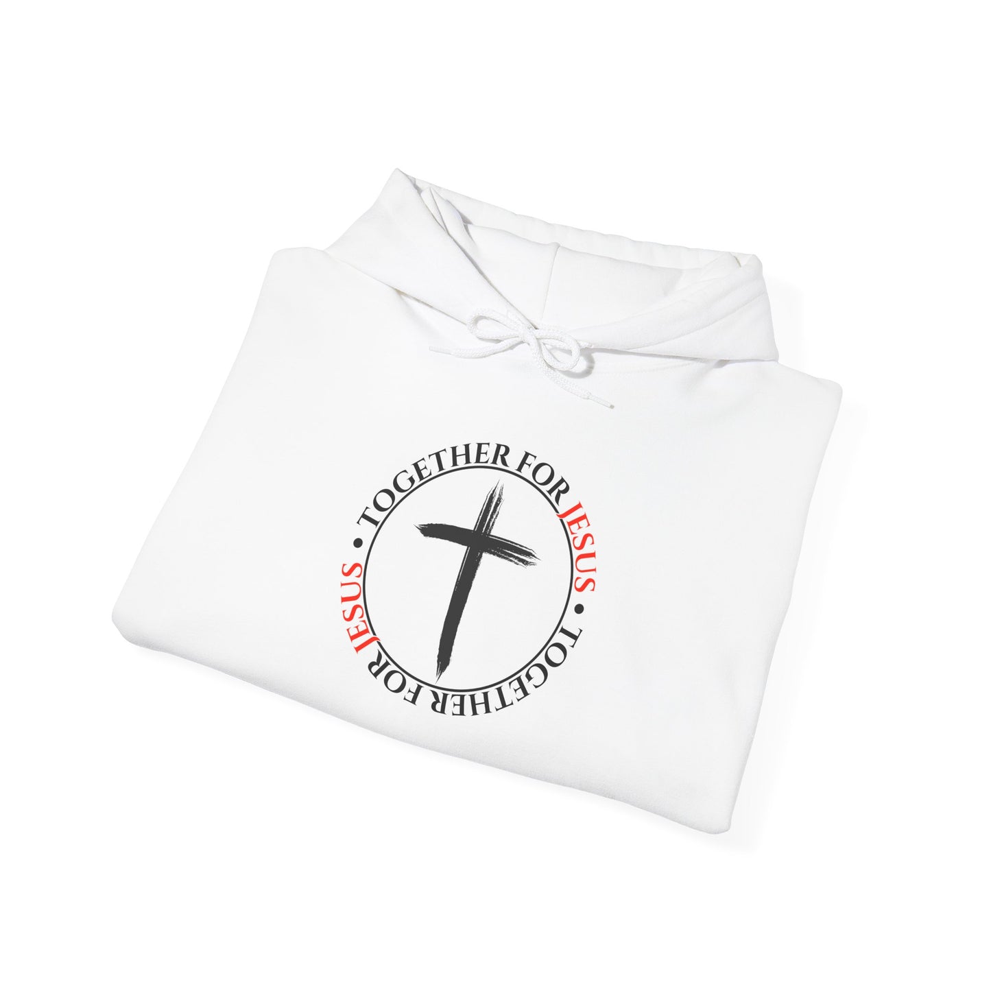 White hoodie with a cross and text design on a white background