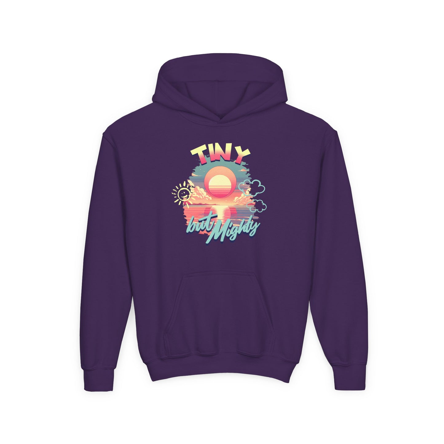 Purple hoodie with a colorful graphic design on the back against a white background