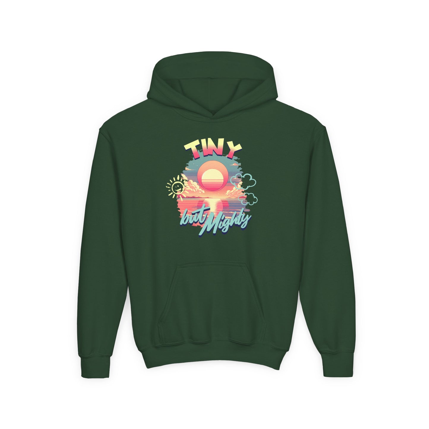 Green hoodie with a colorful graphic and text on the back against a white background