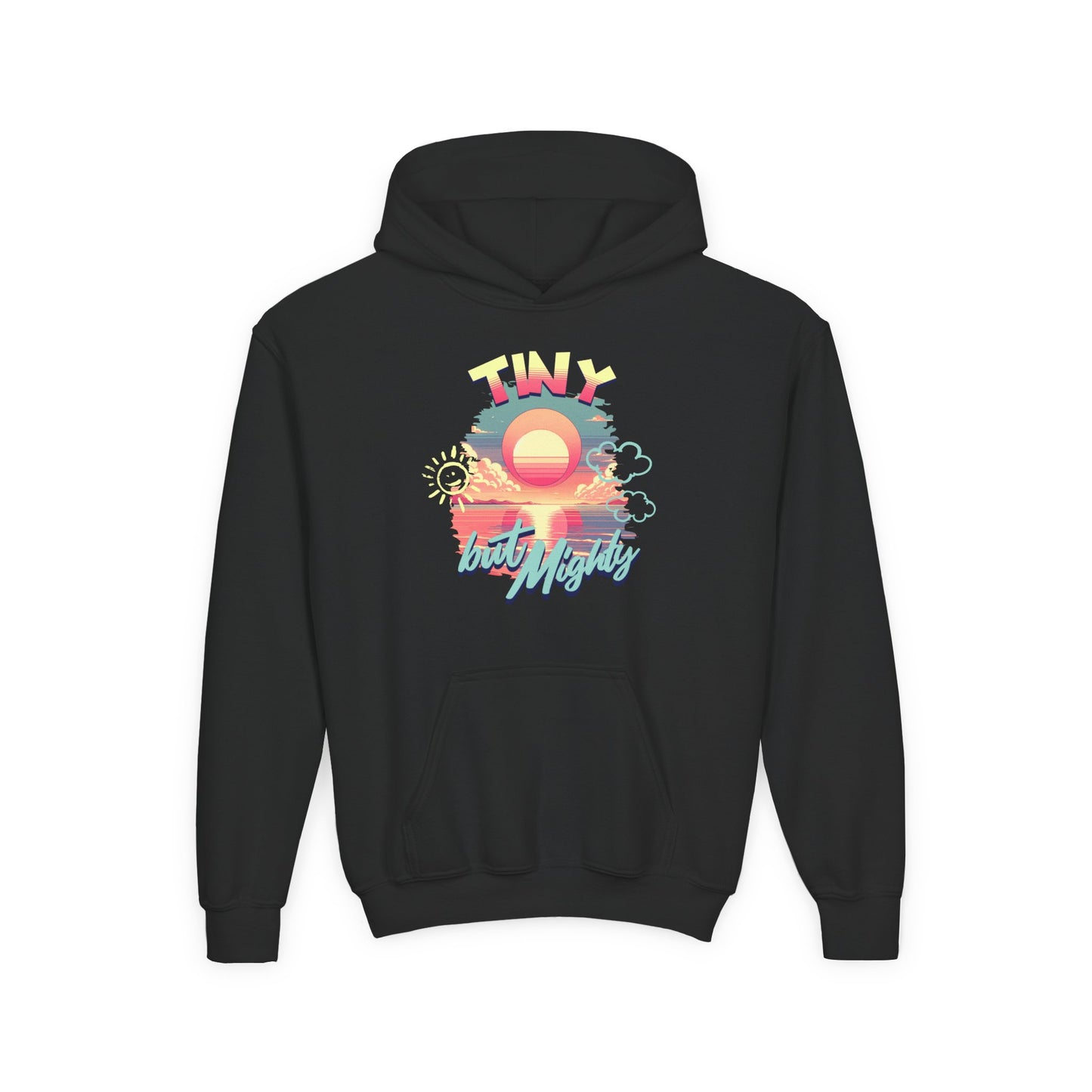 Black hoodie with colorful graphic design on a white background