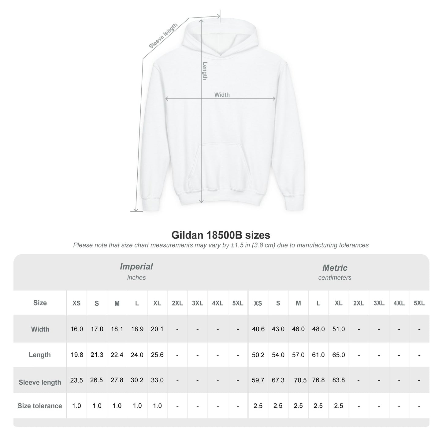 White hoodie with size chart for Gildan 18500B sizes on a white background