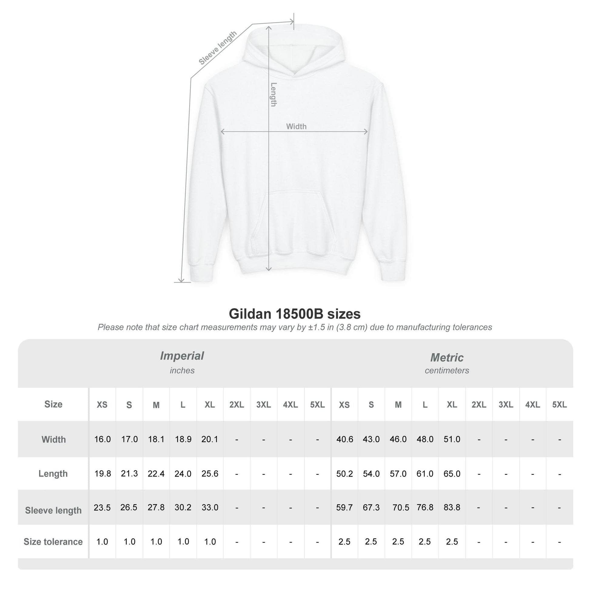 White hoodie with size chart for Gildan 18500B sizes on a white background