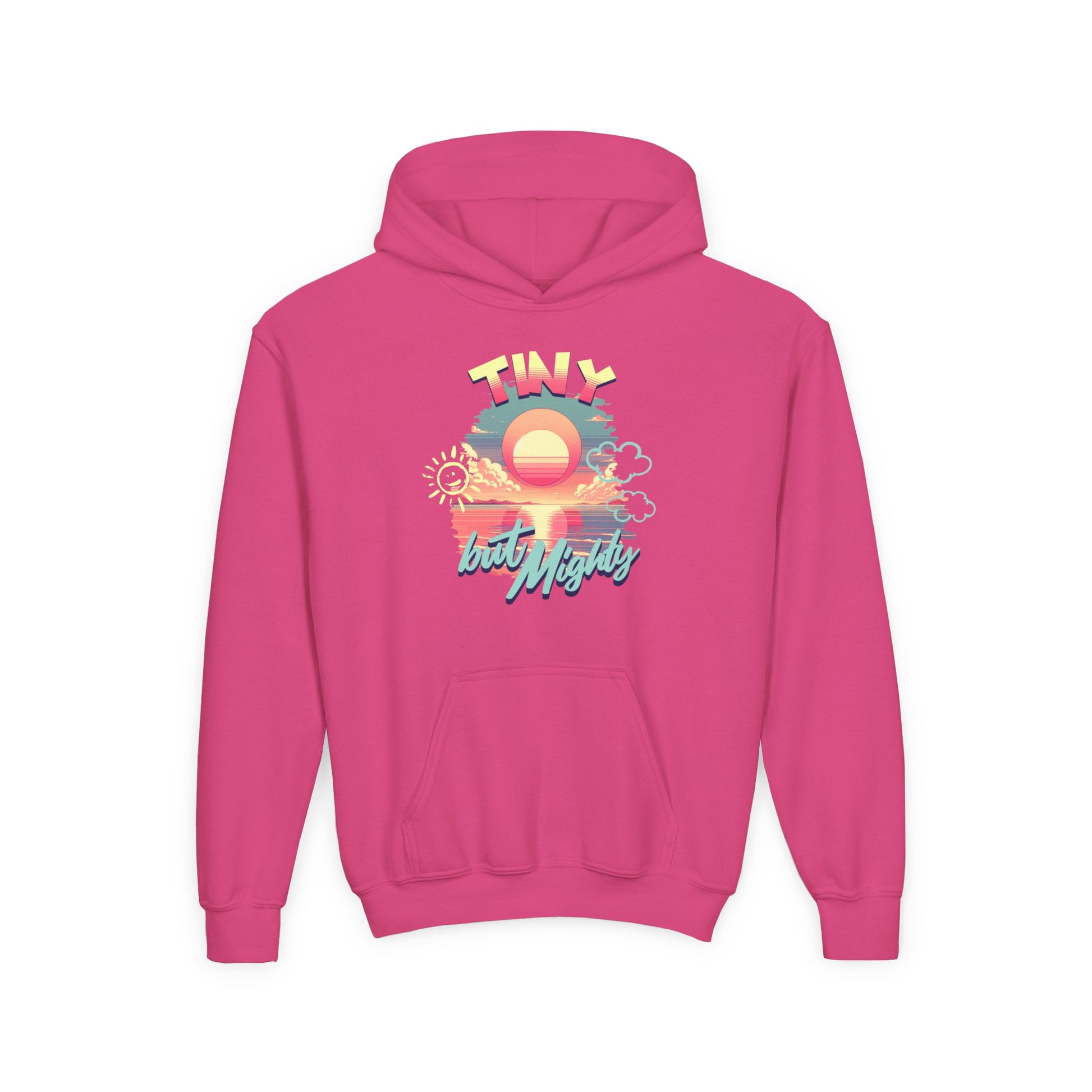 Pink hoodie with a graphic design on a white background