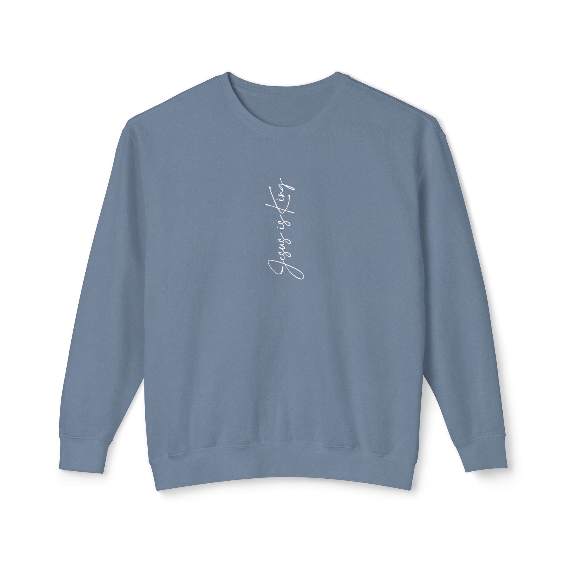 Blue sweatshirt with text on a white background