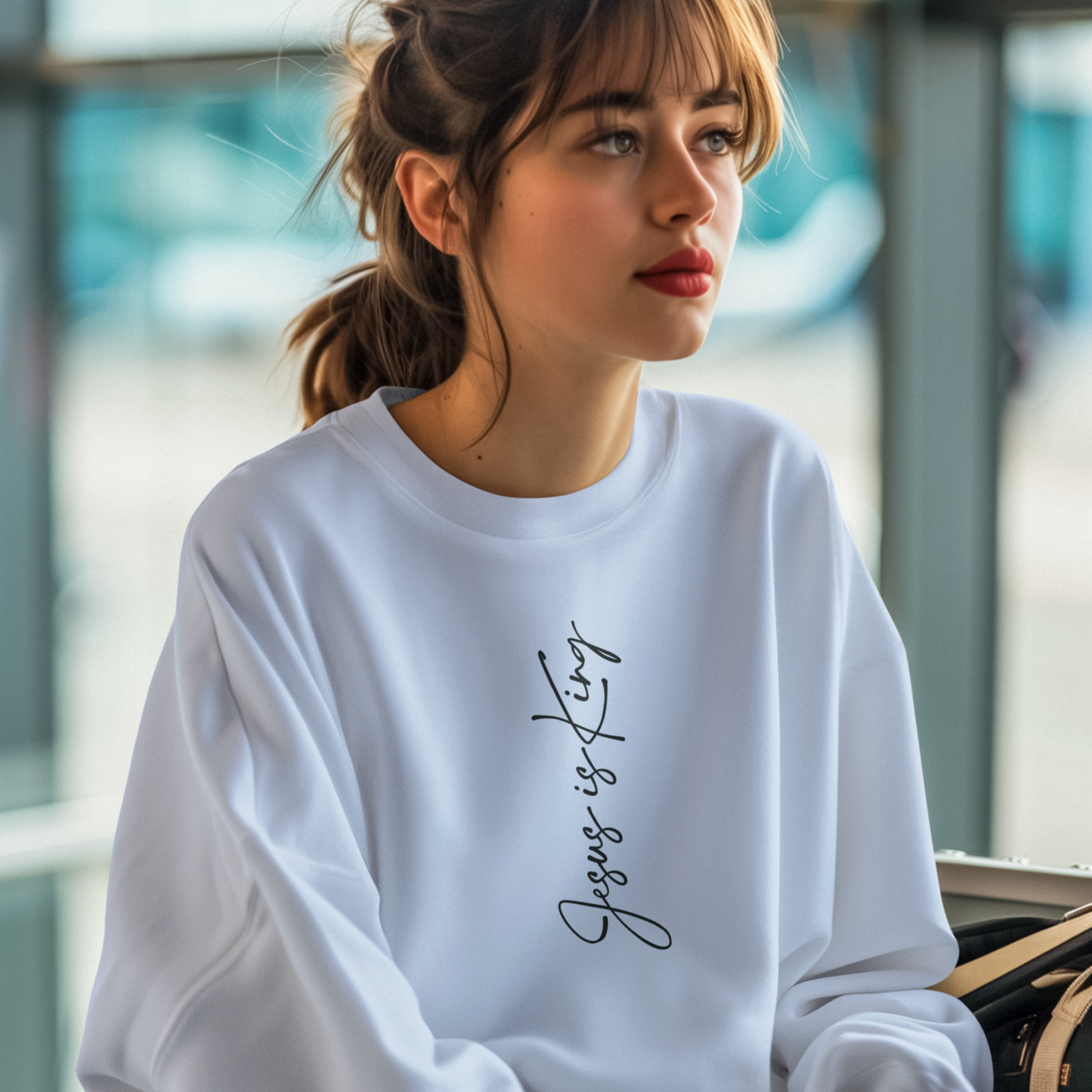 Woman wearing a white sweatshirt with text, sitting in an airport.